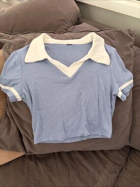 Light Blue Ribbed Polo Crop Top with White Collar
